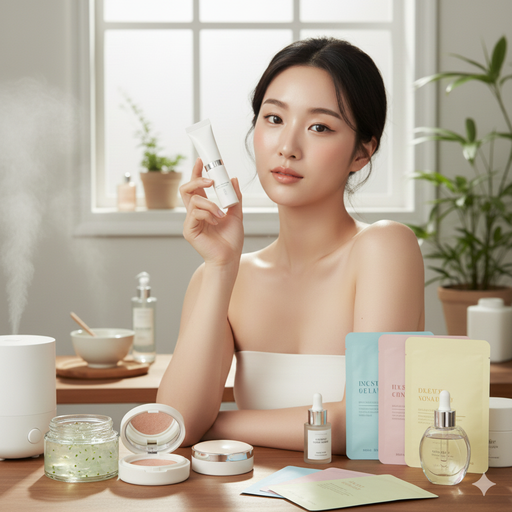 Korean woman showcasing premium K-beauty skincare products in elegant setting